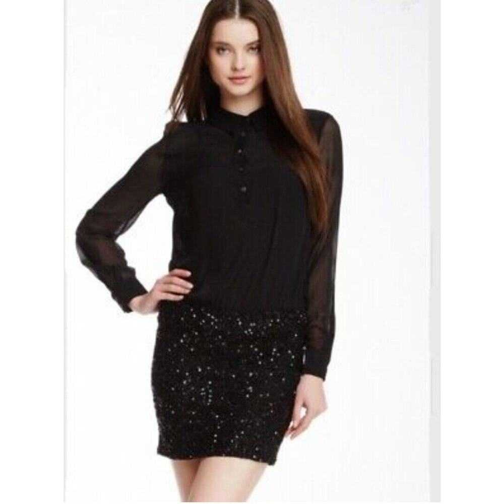 Haute Hippie Black Silk Dress‎ Size XS Sheer Blouse Top Sequined Beaded Skirt